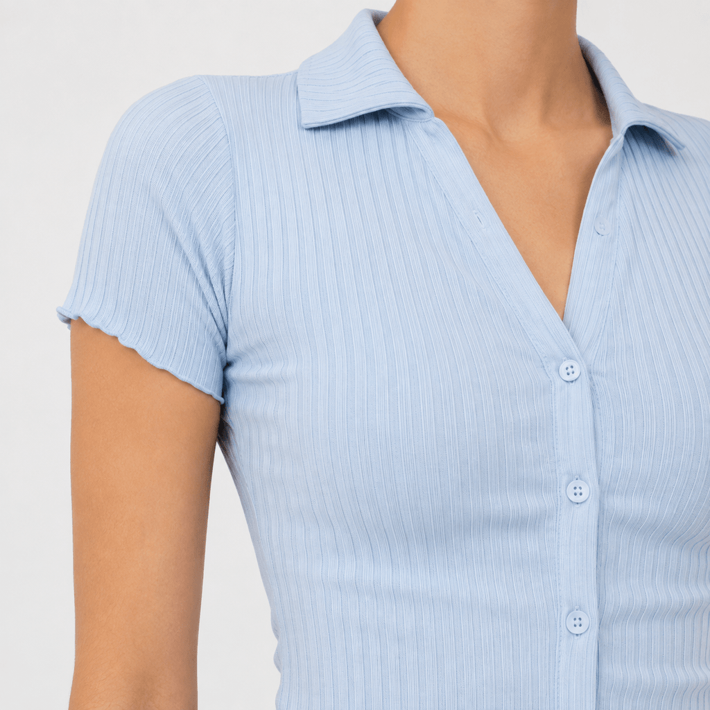 Women’s Light Blue Ribbed Short Sleeve Button-Front Collared Top - Blaze & Anna